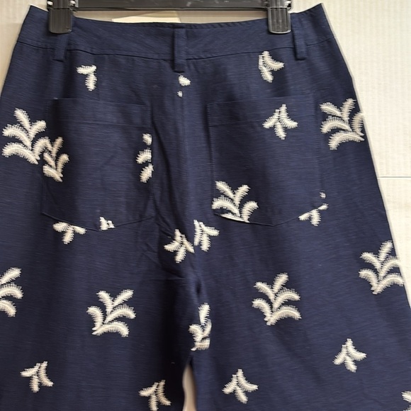 Elie Tahari Navy Blue/W Cream Colored Embroidered Palm Trees Wide Leg Size 10 - Picture 12 of 14
